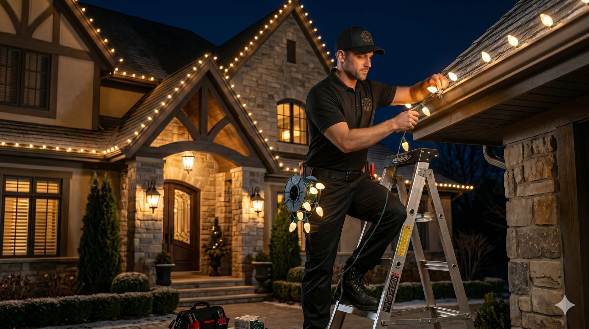 Silicon Valley Lights professional installer hanging warm string lights on a home at night