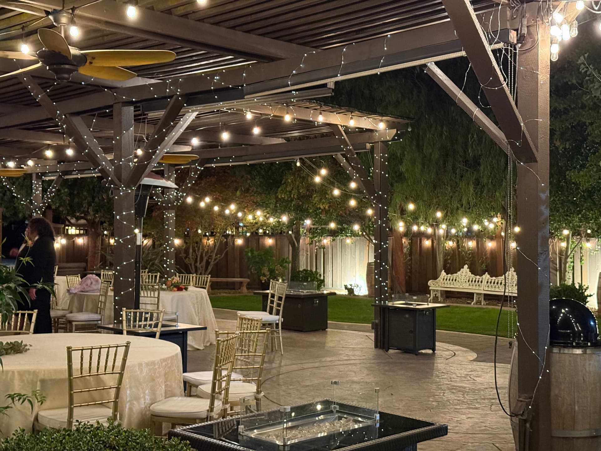 Full canopy build with Edison bistro lights, fairy-wrapped posts, and ambient backyard lighting