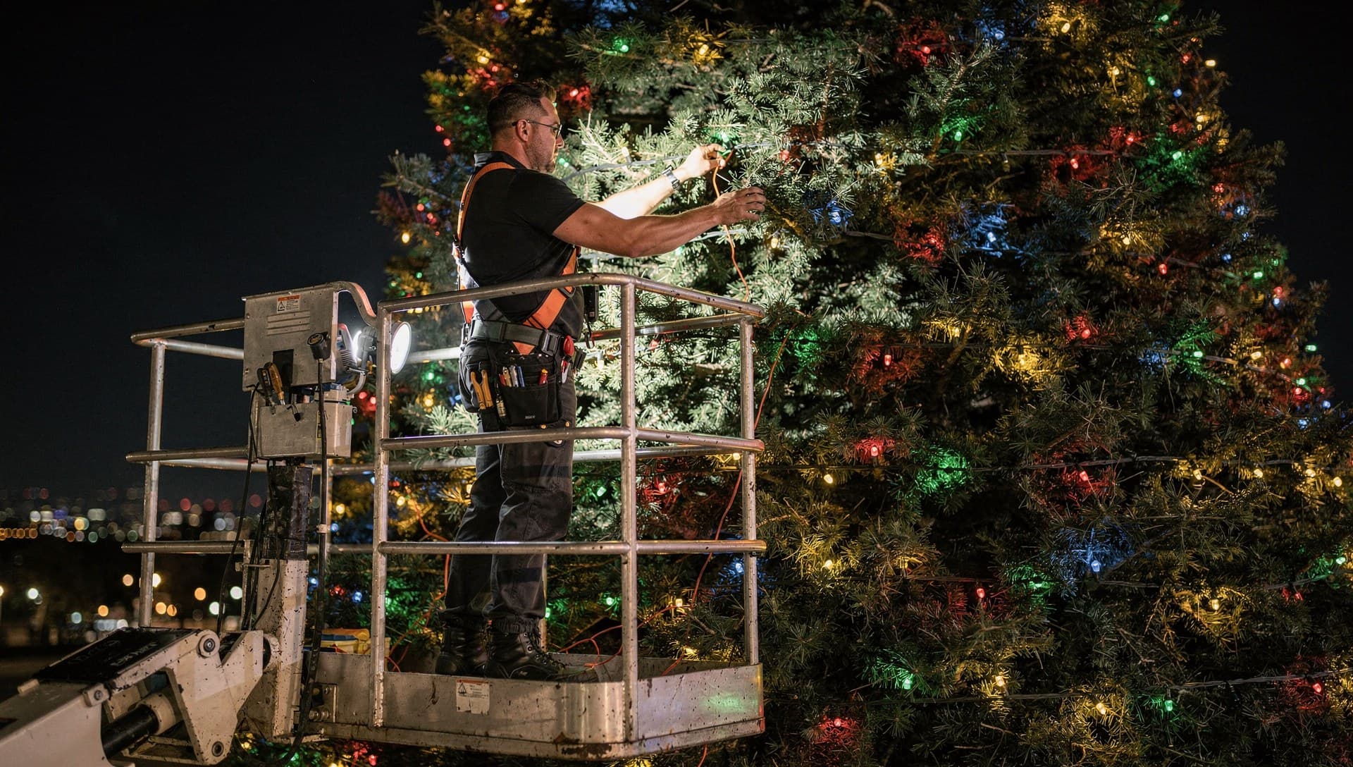 Silicon Valley Lights professional installer on bucket lift installing colorful Christmas lights on illuminated tree at night