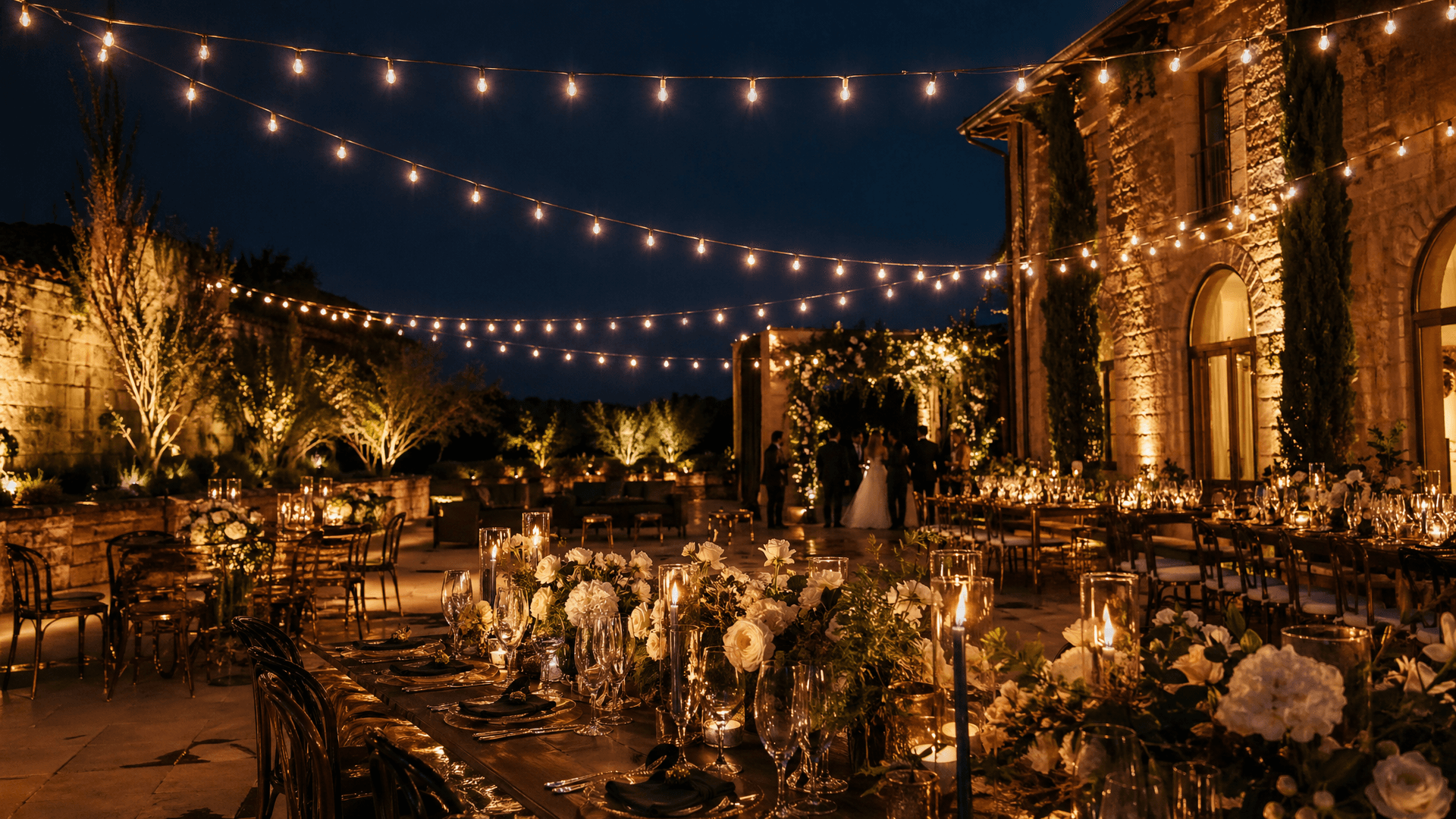 Nighttime outdoor wedding reception at a Tuscan stone venue with overhead bistro string lights, candlelit dinner tables, and a flowering ceremony arch