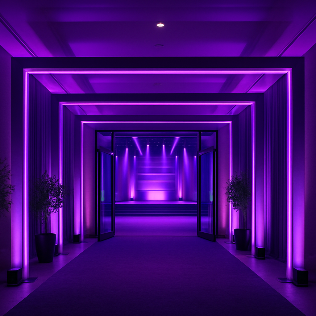 Corporate event entrance with dramatic purple LED lighting creating a tunnel effect with concentric rectangular frames
