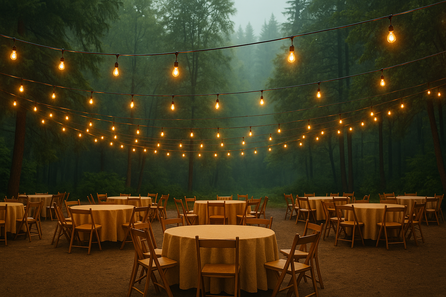 String lights illuminating tables in a misty forest setting