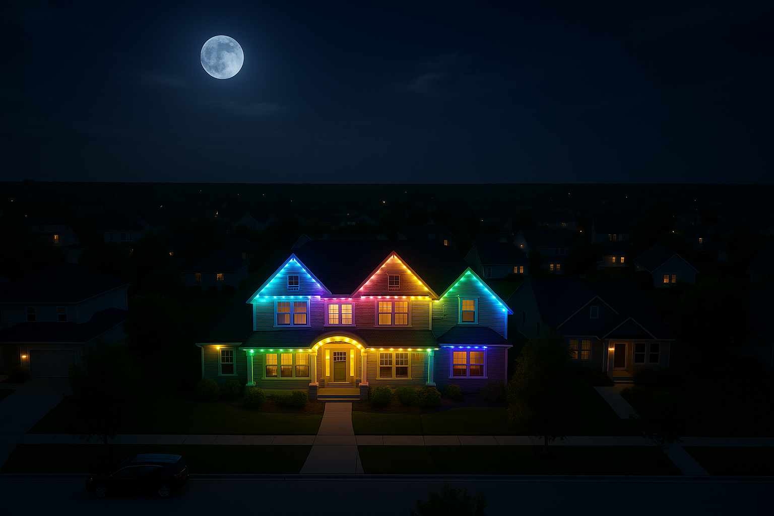 Home with beautiful rainbow lighting under a full moon